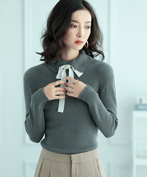 ニットトップス レディース 春 秋 ニットセーター ニット 長袖 ポロネック リボン バイカラー リブ 無地 スリム タイト フィット ホワイト ピンク グレー ドゥーベル Doux Belle Magaseek