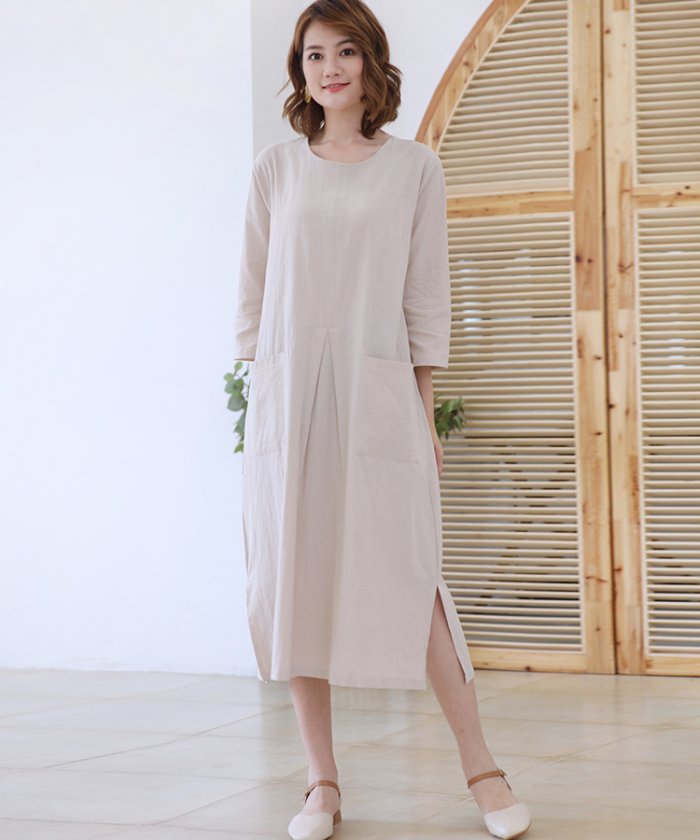 セール 秋新作 マキシ丈ワンピース Aライン スリット ボートネック ドゥーベル Doux Belle Magaseek