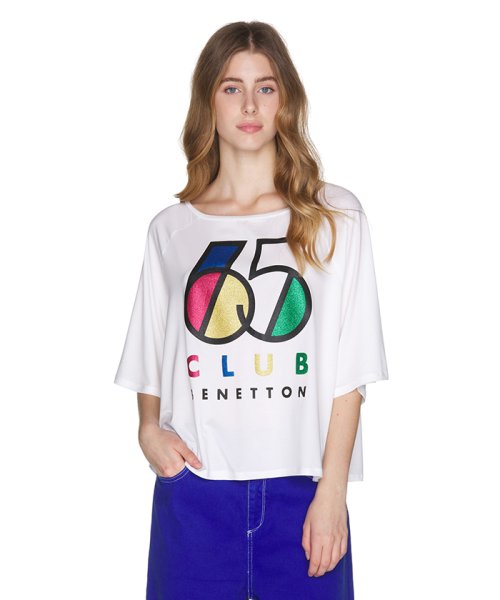 BENETTON (women)(ベネトン（レディース）)/ラメナンバリングロゴラバタフライスリーブTシャツ・カットソー/ホワイト