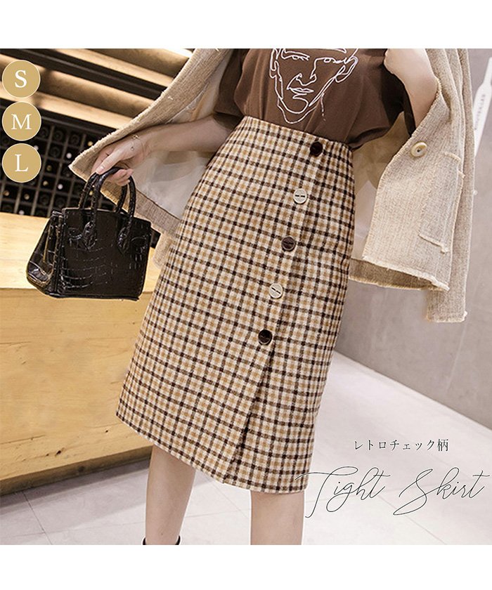 セール スカート レディース 膝丈 チェック柄 タイトスカート 秋冬 ハイウエスト ペンシルスカート ミディアム丈 ミニミニストア Miniministore Magaseek