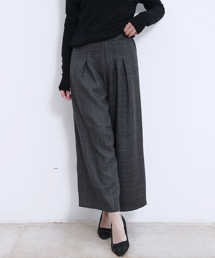 超目玉 ボトムス レディース 秋 冬 ロング丈 ロングパンツ レトロ ゆったり 無地 チェック柄 ワイドパンツ カジュアル 綺麗め おしゃれ 2タイプ グレー ドゥーベル Doux Belle Magaseek