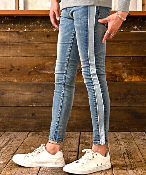 セール サイド切替パイピングデニム デニムパンツ メンズ サイドライン パイピング スキニー ラグスタイル Luxstyle Magaseek