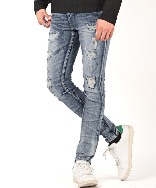 セール ラグスタイル Luxstyle リペア加工スキニーパンツ デニムパンツ メンズ スキニー ダメージ アンクル丈 ストレッチ Bitter ビター系 Magaseek