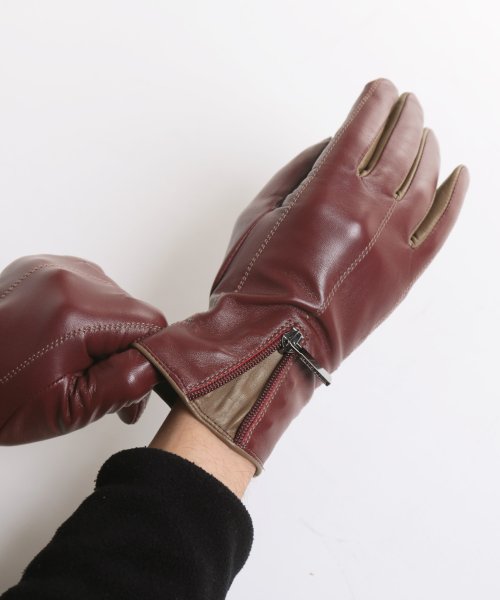 sankyoshokai(サンキョウショウカイ)/スマホ対応ラム革カシミヤ100％ライナー手袋ファスナーデザイン/ブラウン