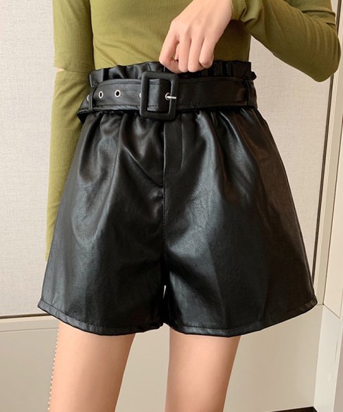セール レザー ショートパンツ レディース 秋冬 ワイドパンツ ハイウエスト ベルト付き 美脚パンツ 即納 ミニミニストア Miniministore Magaseek