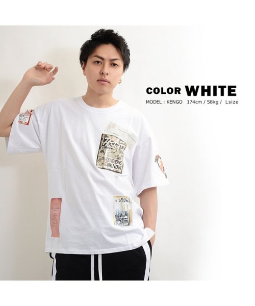 1111clothing(ワンフォークロージング)/【シート転写コラージュビッグTシャツ】  ビッグtシャツ メンズ レディース キッズ 韓国 ファッション 夏 夏物 夏服 オーバーサイズ tシャツ ペアルック /ホワイト