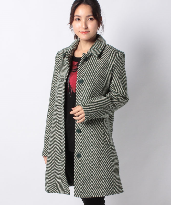 ジグザグデザイン 緑色ウール混紡コート
