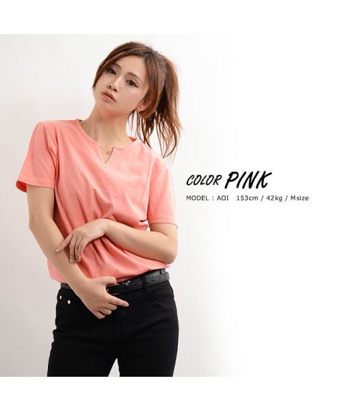 1111clothing(ワンフォークロージング)/tシャツ キーネック ピグメント メンズ レディース 韓国 ファッション ペアルック カップル 半袖 無地 お揃い 服 トップス カットソー 白 ピンク ベージ/ピンク