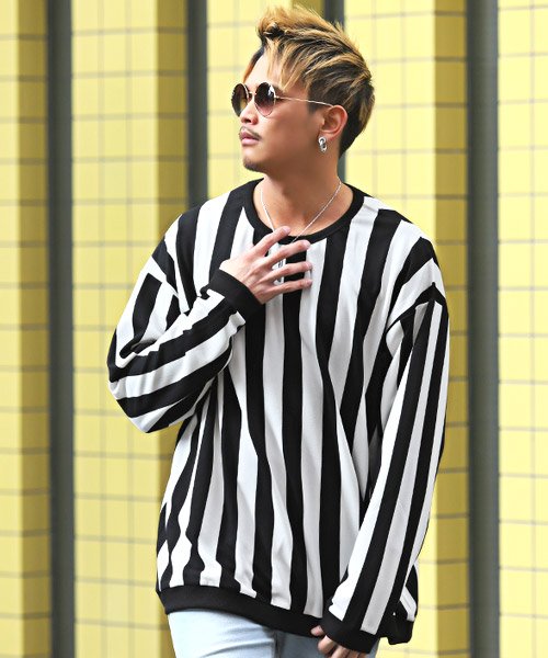 セール ストライプビッグサイズカットソー ロンt メンズ 長袖tシャツ ビッグシルエット ストライプ ラグスタイル Luxstyle Magaseek