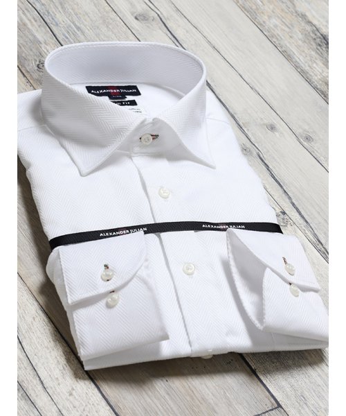 TAKA-Q(タカキュー)/綿100% 形態安定 スリムフィット ワイドカラー長袖シャツ/ホワイト