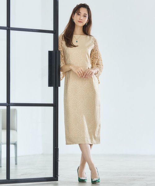 DRESS+(ドレス プラス)/レース七分袖×ダマスク柄ワンピースドレス結婚式ワンピース・お呼ばれパーティードレス/ベージュ