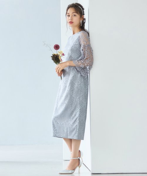 DRESS+(ドレス プラス)/レース七分袖×ダマスク柄ワンピースドレス結婚式ワンピース・お呼ばれパーティードレス/グレー