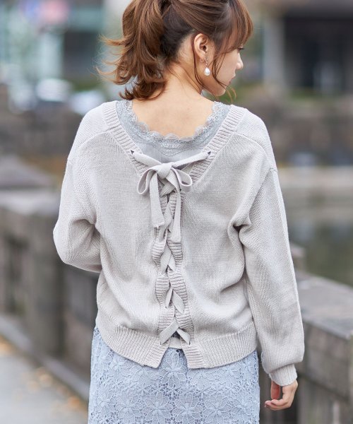 tocco closet(トッコクローゼット)/【美人百花10月号掲載】後ろレースアップデザインカーディガン/L-GRAY