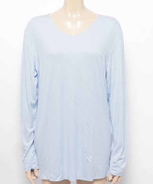 aimoha(aimoha（アイモハ）)/切りっぱなし シームレス V型 ロングスリーブ Tシャツ/ブルー
