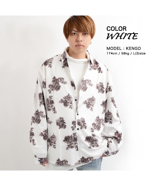 1111clothing(ワンフォークロージング)/トップス シャツ 柄シャツ ビッグシャツ 韓国 ファッション 春 春服 春物 薔薇 バラ プリント ビッグシルエット ビッグサイズ オーバーサイズ メンズ レデ/ホワイト