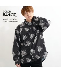 1111clothing(ワンフォークロージング)/トップス シャツ 柄シャツ ビッグシャツ 韓国 ファッション 春 春服 春物 薔薇 バラ プリント ビッグシルエット ビッグサイズ オーバーサイズ メンズ レデ/ブラック