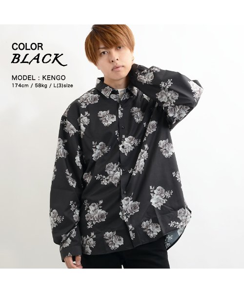 トップス シャツ 柄シャツ ビッグシャツ 韓国 ファッション 春 春服 春物 薔薇 バラ プリント ビッグシルエット ビッグサイズ オーバーサイズ メンズ レデ ワンフォークロージング 1111clothing Magaseek