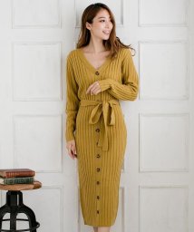フロントボタンリブニットワンピース レディース ワンピース タイト ニット ロング マキシ 膝下 リボン ベルト 長袖 ウエストマーク 新色 追加 ジュリアブティック Julia Boutique Magaseek