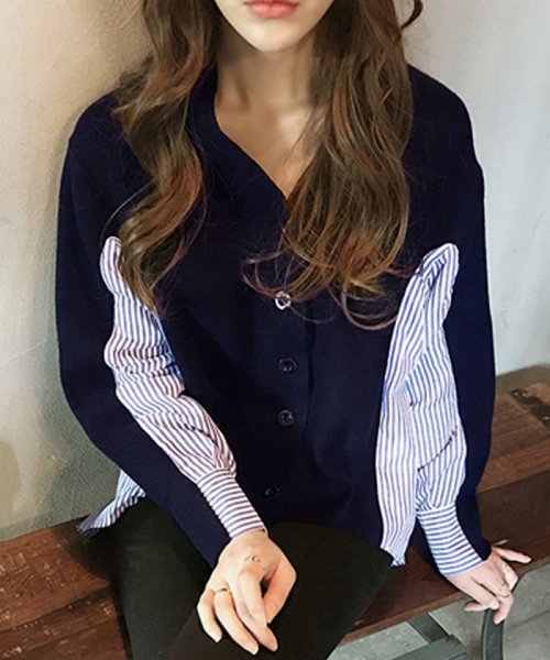 セール 異素材 ニット カーディガン Vネック ブラウス レディース おしゃれ 切り替え トップス ゆったり ミニミニストア Miniministore Magaseek
