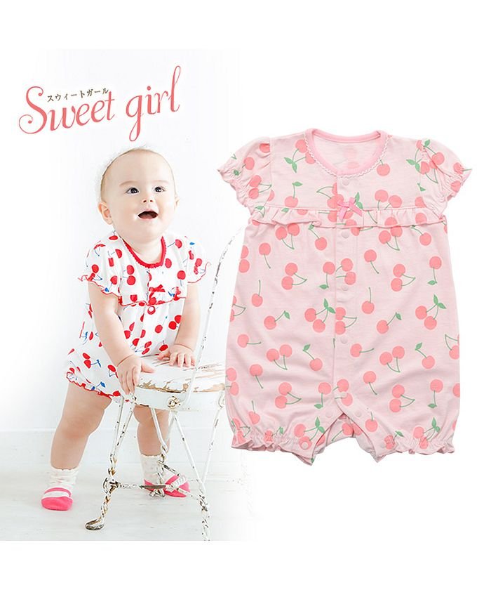 スウィートガールさくらんぼ柄半袖前開きカバーオール チャックルベビー Chucklebaby Magaseek