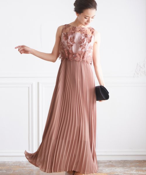 ロング丈ノースリーブレースプリーツワンピースドレス 結婚式 パーティードレス フォーマルドレス お呼ばれ ドレス ミセス 二次会 同窓会 成人式 プリーツ ゴム 