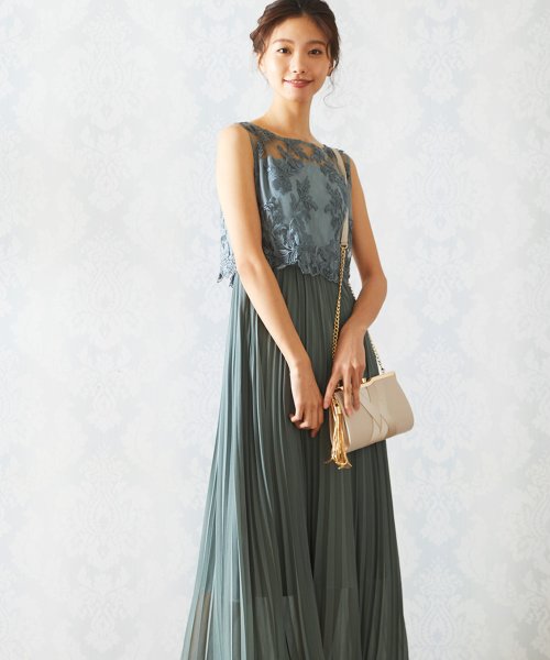 ロング丈ノースリーブレースプリーツワンピースドレス 結婚式 パーティードレス フォーマルドレス お呼ばれ ドレス ミセス 二次会 同窓会 成人式 プリーツ ゴム 