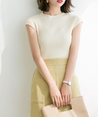 SAISON DE PAPILLON／フレンチスリーブリブ切替サマーニットトップス／502937491