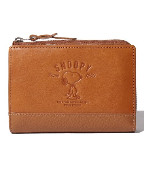 SNOOPY Leather Collection(スヌーピー)/SNOOPY/スヌーピー/蝶ネクタイ柄二つ折り財布/本革/キャメル