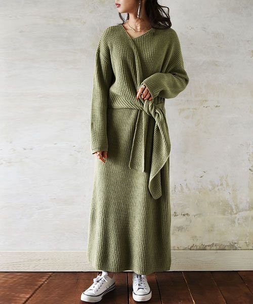 カシュクールバルキーニットワンピース F レディース 春秋冬 ワンピース ニットワンピ アイボリー ピンクベージュ グリーン モカ カシュクール トレンド お洒 アンドイット And It Magaseek