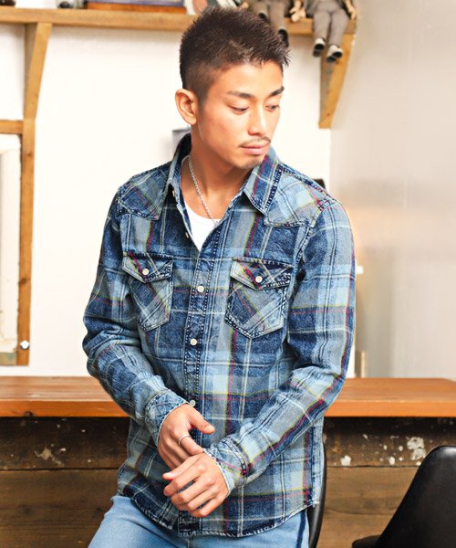 インディゴチェックシャツ シャツ メンズ インディゴ チェック柄 ラグスタイル Luxstyle Magaseek