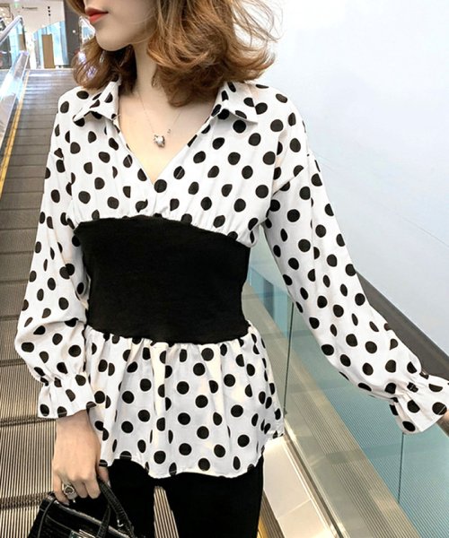 セール ウエストマーク ブラウス レディース ドット柄 トップス Vネック ブラウス フリル袖 裾フレア ブラウス ミニミニストア Miniministore Magaseek