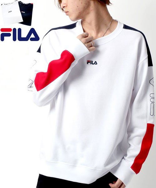 MARUKAWA(マルカワ)/【FILA】フィラ　ミニロゴ刺繍　袖ロゴプリント　袖切り替え　裏毛　トレーナー 春/ホワイト