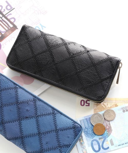 オーストリッチレザーラウンドファスナー長財布ステッチワーク 