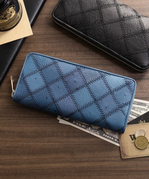 オーストリッチレザーラウンドファスナー長財布ステッチワーク 