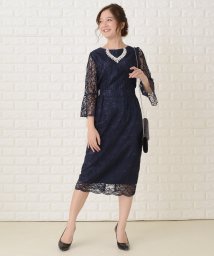 Lace Ladies(レースレディース)/フレア七分袖総レースコクーンワンピース・ドレス/ネイビー