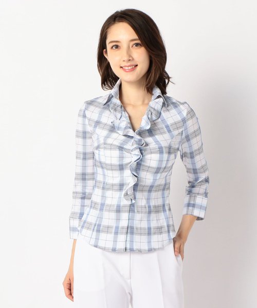 NARA CAMICIE(ナラカミーチェ)/チェックスーパーストレッチ襟付きフリル七分袖シャツ/ブルー系