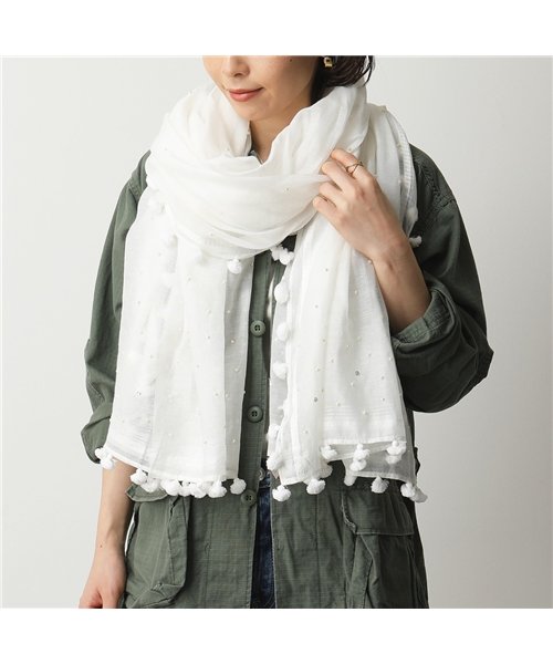 セール Off Citrus シトラス C シルク混コットン 大判 ストール ガーゼショール ポンポン パール ビジュー装飾 White レディース シトラス Citrus Magaseek