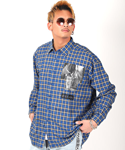 バックプリントチェック柄シャツ/チェックシャツ メンズ 韓国系 ビッグシルエット 長袖