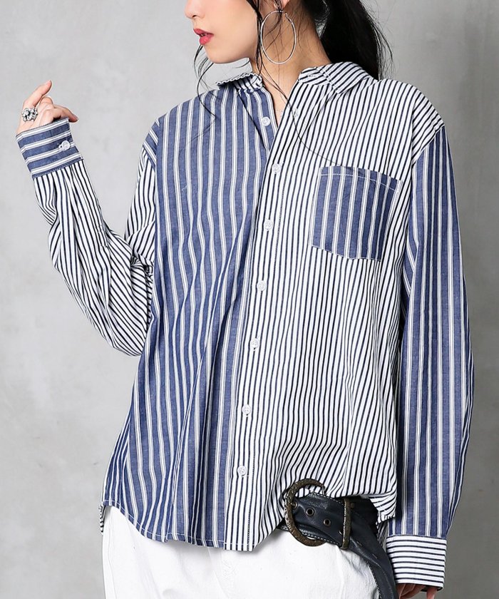 セール Norアシンメトリーストライプ柄シャツ オシャレウォーカー Osharewalker Magaseek