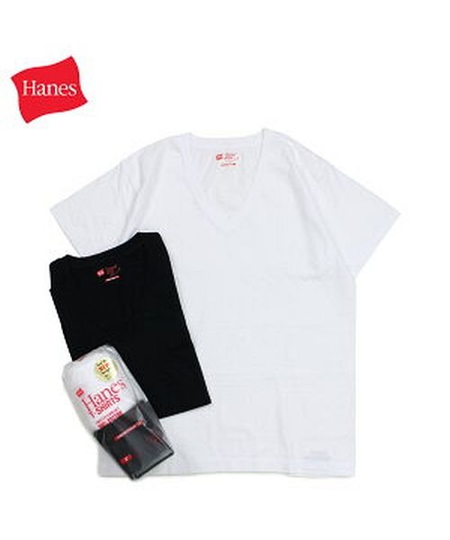 Hanes(ヘインズ)/ヘインズ Hanes Tシャツ メンズ レディース ジャパンフィット 半袖 2枚組 Vネック ブラック ホワイト 黒 白 H5325/ブラック