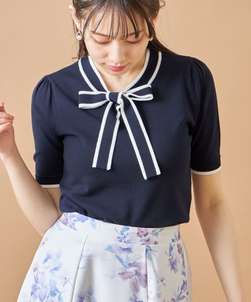 tocco closet(トッコクローゼット)/バイカラーボウタイりぼん半袖ニットプルオーバー/NAVY