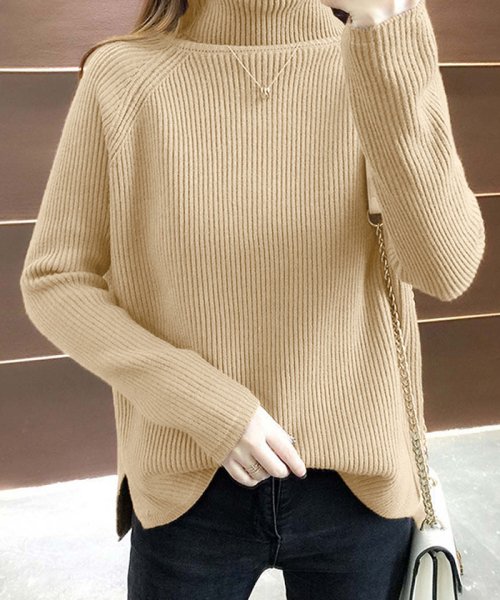 セール タートル リブニット トップス サイドスリット タートルネック ニットセーター レディース ニットプルオーバー 無地 ミニミニストア Miniministore Magaseek