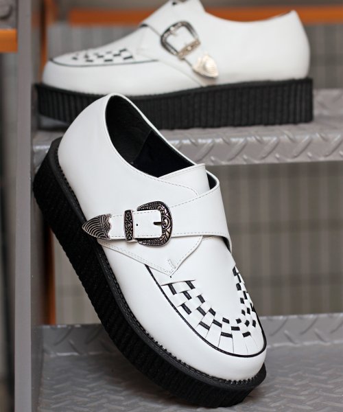 SFW(サンエーフットウェア)/モンクストラップシューズ ラバーソール ベルト メンズ 靴 厚底/1710/ホワイト