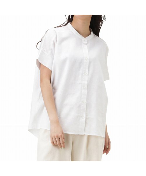 Navy ネイビー 半袖前開きリネンスタンドカラーシャツ mh マックハウス レディース Mac House Women Magaseek
