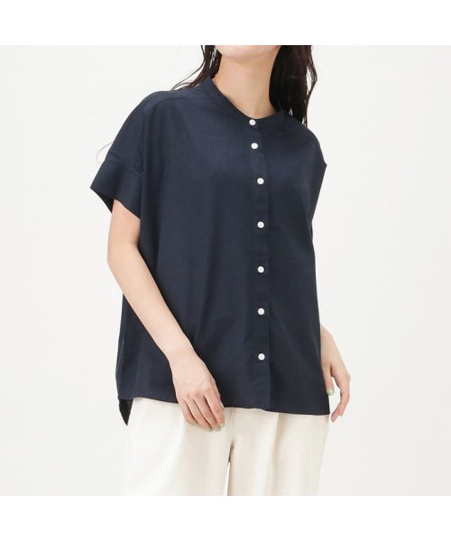 Navy ネイビー 半袖前開きリネンスタンドカラーシャツ mh マックハウス レディース Mac House Women Magaseek