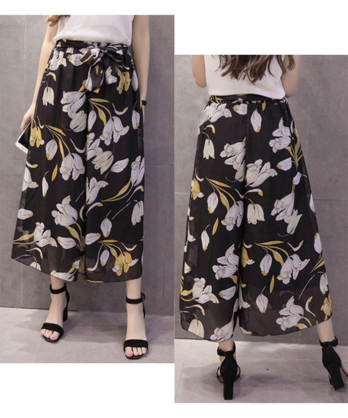 セール ガウチョパンツ 柄パンツ ゆったり ワイドパンツ レディース きれいめ シフォン パンツ ミモレ丈 膝丈 ミニミニストア Miniministore Magaseek