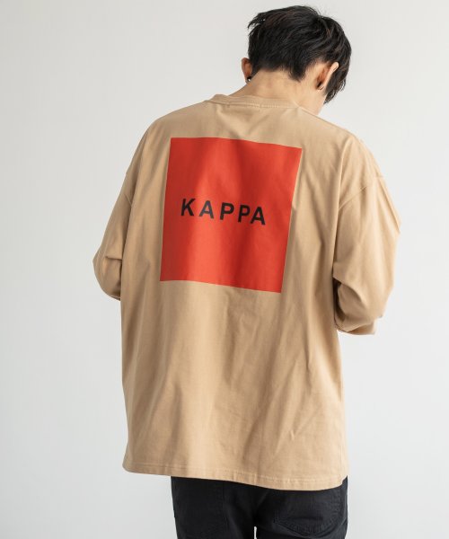 Rocky Monroe(ロッキーモンロー)/kappa カッパ Tシャツ ロンT メンズ レディース ブランドロゴ 白 長袖 バックプリント ビッグシルエット ゆったり ルーズ クルーネック カジュアル /ベージュ