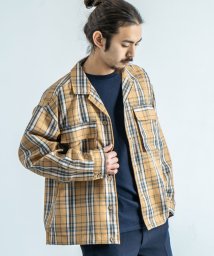 Rocky Monroe(ロッキーモンロー)/ワークジャケット 開襟シャツ メンズ レディース ビッグシルエット カバーオール オープンカラー チェック 無地 シンプル カジュアル ドロップショルダー オー/ブラウン系1