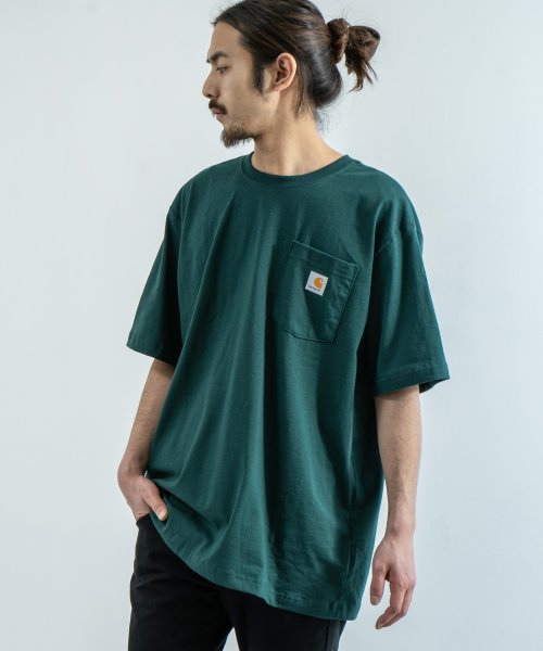 Rocky Monroe(ロッキーモンロー)/CARHARTT カーハート Tシャツ メンズ レディース K87 ポケTee 半袖 無地 ポケット ワークウェア ルーズシルエット ビッグサイズ クルーネック/グリーン