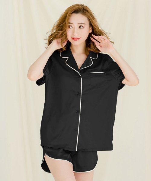 セール ジュリアブティック Julia Boutique 2点セット 半袖パイピングサテンシャツ ショートパンツセットアップ ルームウェア ルームウェア 可愛い サテン パジャマ 前開き レディース Magaseek